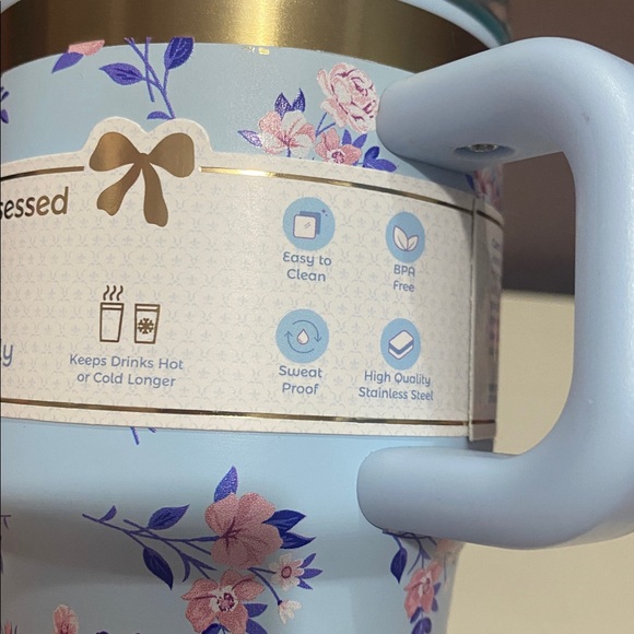 A little Obsessed Blue Floral Travel Tumbler & Straw and Blue Bow Straw Topper - Picture 6 of 8